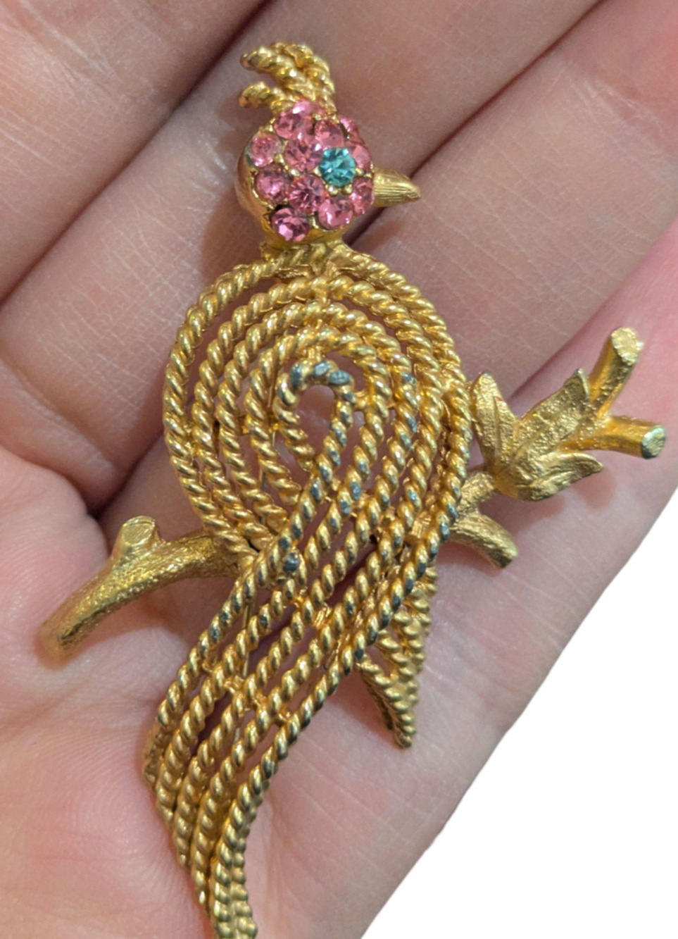 BSK Vintage Gold Bird On A Branch Rhinestone Brooch